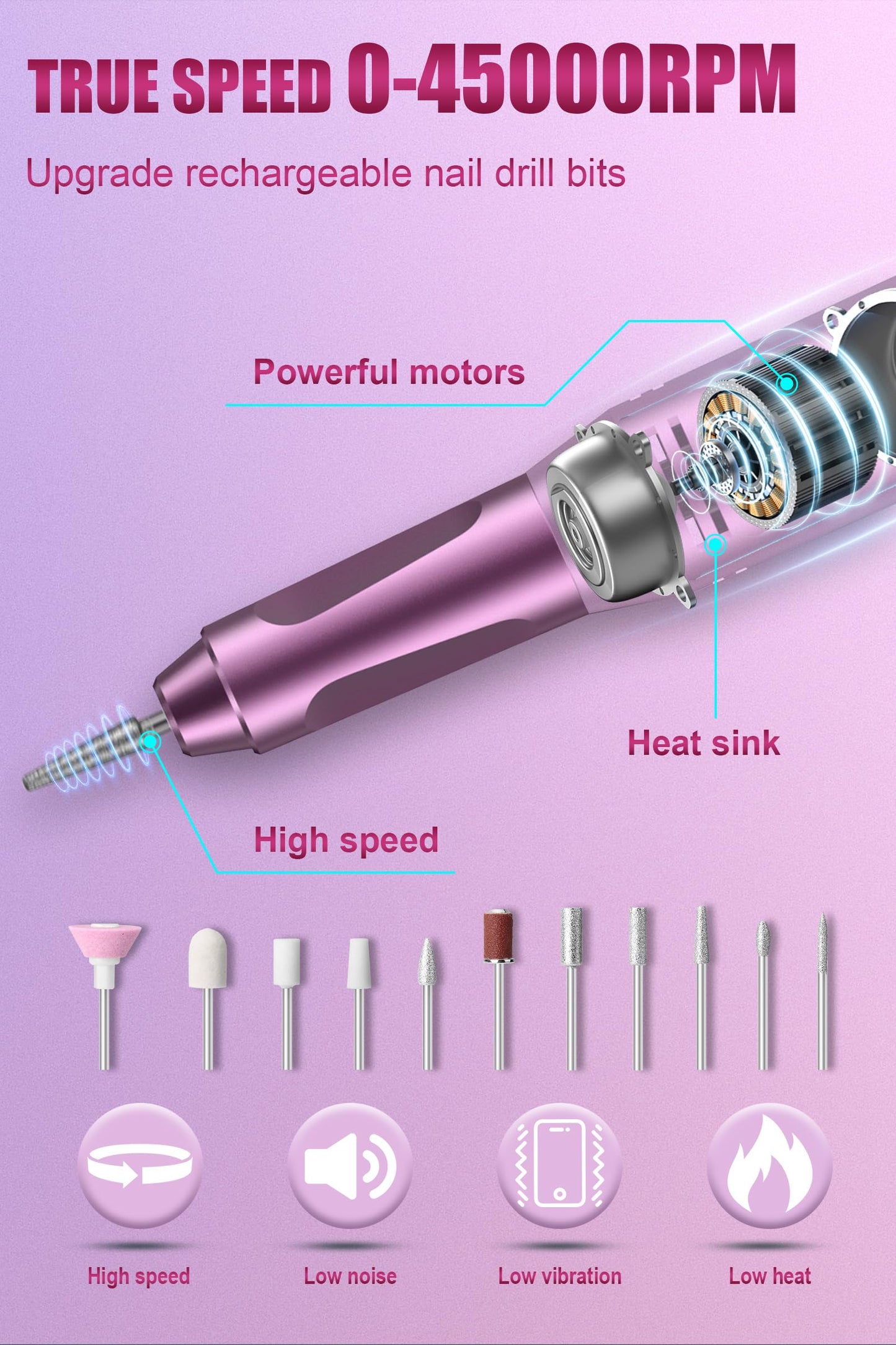 Electric Nail Drill Professional, 45000RPM Cordless Electric Nail File for Acrylic Gel Nails, Professional Nail Drill Manicure Pedicure Polishing Shape Tools for Home Salon
