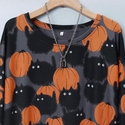BOUTIKOME Womens Halloween Pumpkin Sweatshirt Black Cat Long Sleeve Crewneck Pullover Shirts with Pocket Tunic Tops (Dark Grey, XX-Large)
