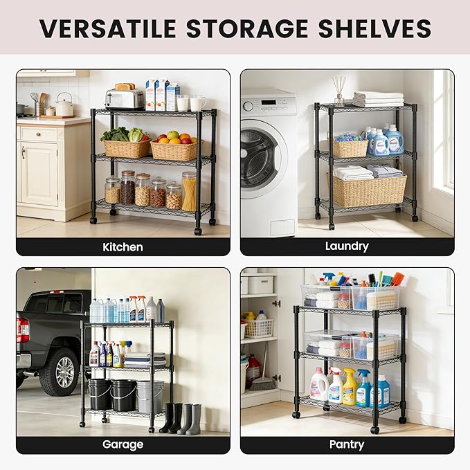 Xcity Storage Shelves, 3 Tier Heavy Duty Metal Shelving Unit with Wheels, 1050 LBS Capacity Adjustable Steel Wire Shelf Organizer for Pantry, Kitchen, Garage, 14" D x 24" W x 30" H, Black