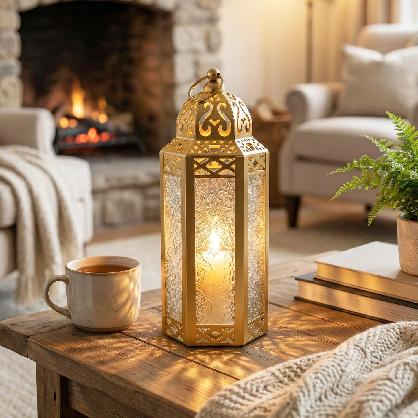 Vela Lanterns Decorative Indoor Moroccan Candle Holders, Gold, M, 2-Pack