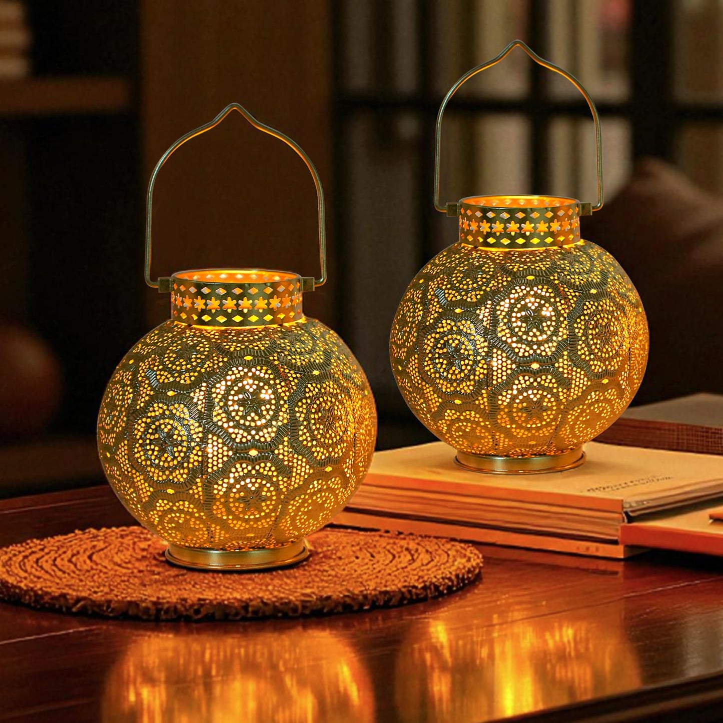 TRIROCKS Set of 2 Moroccan Style Metal Table Lamp 7'' High Battery Powered Cordless Lamp with LED Fairy Lights Bulb Perfect for Home Living Room Parties Tabletop Indoors(Gold)
