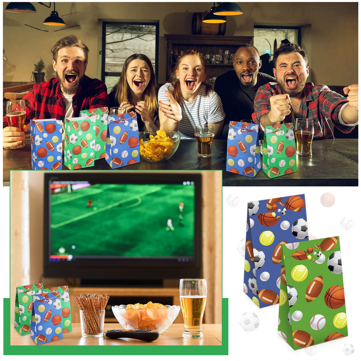 Outus 30 Pieces Paper Party Gift Bags for Sport Candy Goodie Bags Soccer Baseball Football Basketball Themed Design for Birthday Sport Party Favor Supplies Decorations, 9.45 x 5.12 x 3.15 Inches
