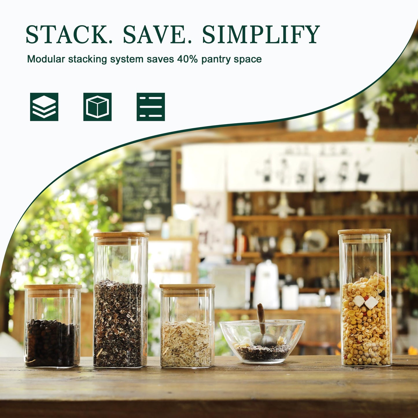 LIBWYS 12-Pack Square Glass Storage Jars with Bamboo Lids (0.6Qt/1.06Qt) - Stackable Food Containers for Pantry Organization, Coffee, Flour, Snacks, Tea | Kitchen Canisters Set