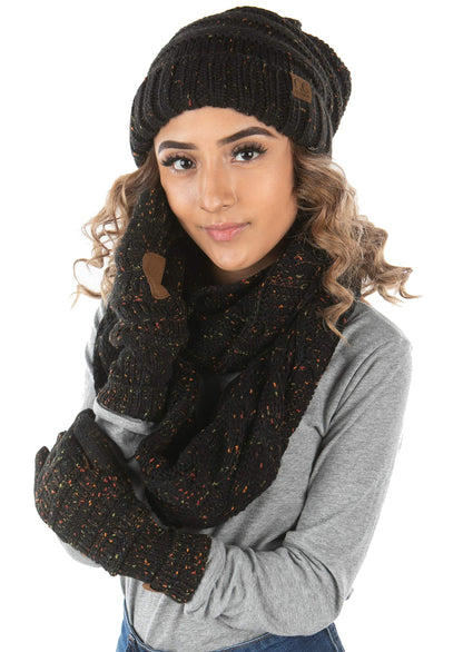 Funky Junque Hat Scarf Glove Set for Women – Matching Winter Set with Oversized Slouchy Beanie, Knit Infinity Scarf & Warm Cozy Gloves for Cold Weather - Confetti Black