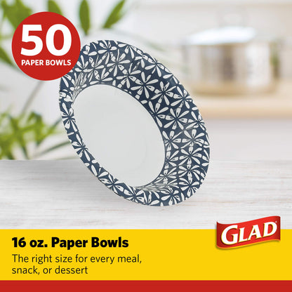 Glad Round Disposable Paper Bowls, Blue Mosaic Design - Heavy Duty, Soak-Proof, Cut-Resistant, Microwavable Paper Bowls for All Foods, Daily Use, and Special Occasions, 16 oz, 50 Count