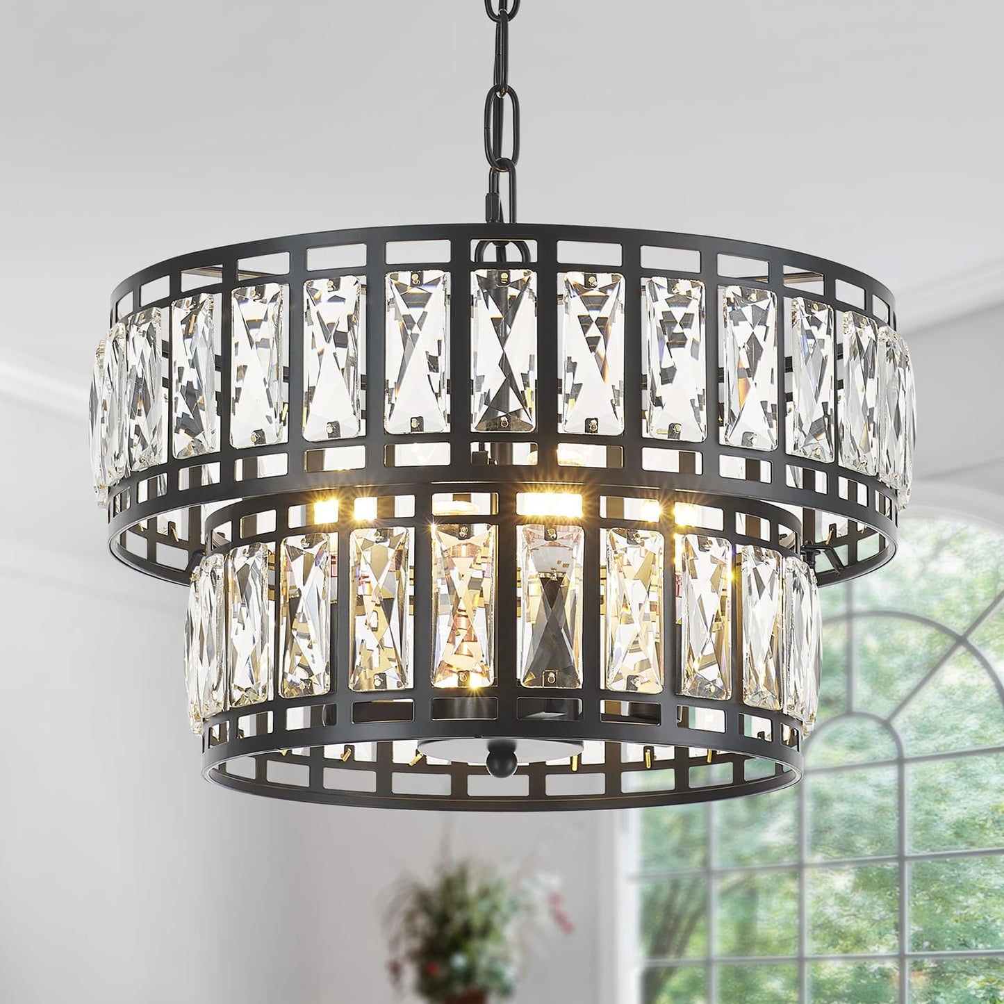 Tunkayli 15.7" Chandeliers for Dining Room, Modern Black K9 Luxury Crystal Chandelier, 4-Light 2-Tier Drum Farmhouse Lighting Fixture for Kitchen Island Living Room Entryway Bedroom Foyer