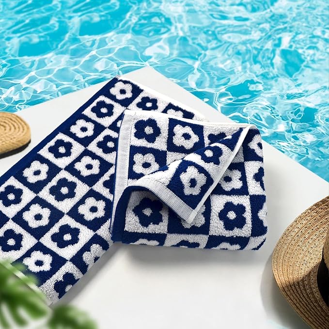 Jacquotha Cotton Hand Towels Navy Checkered Floral