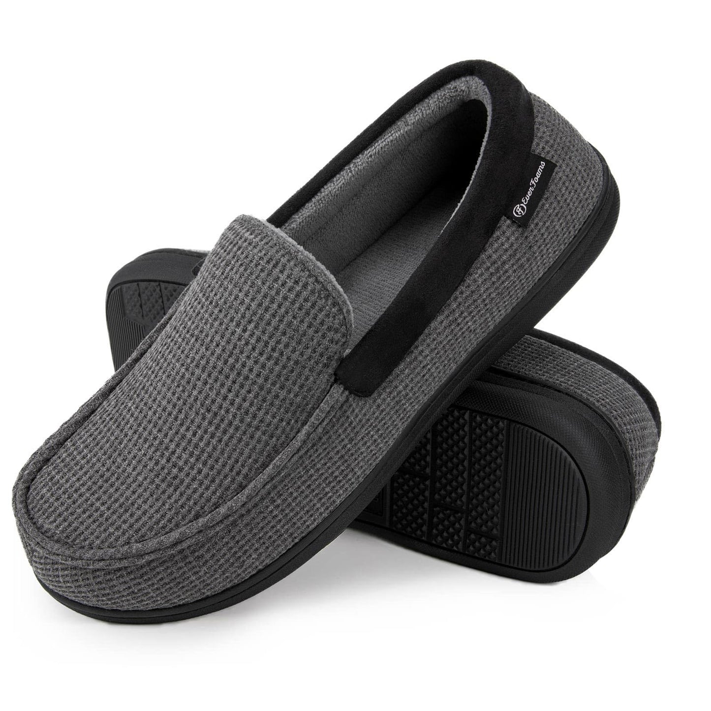 EverFoams Men's Comfort Memory Foam Moccasin Slippers Breathable Terry Cloth House Shoes with Anti-Skid Rubber Sole Grey 10 UK