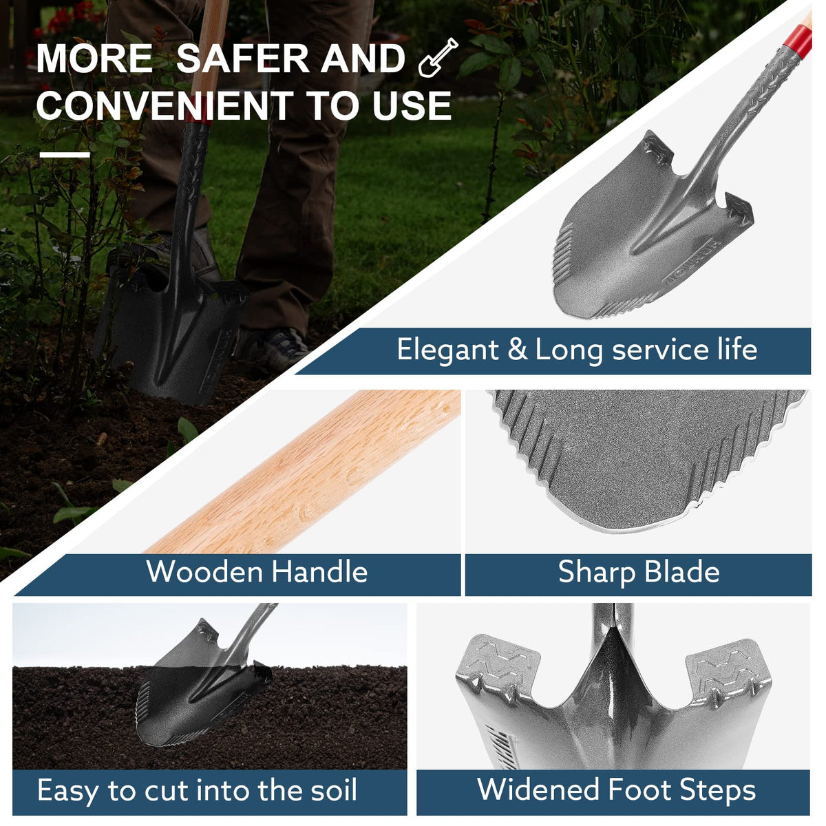 HANTOP Garden Shovel Round Digging Shovel Heavy Duty Shovels for Digging Trenching Gardening Camping, 43 inches
