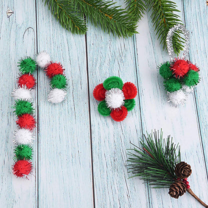 Livder Christmas Pom Poms Pompoms Red Green White Glitter Fluffy Balls, DIY Art Crafts Decorations Supplies (4 Sizes, 900 Pieces)