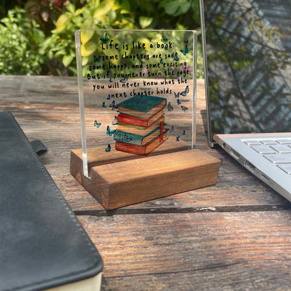 vizuzi Book Quote Home Office Desk Decor Sign Inspirational Book Lover Gift Butterfly Acrylic With Wooden Stand Sign for Book Lover Cowoker Sister Women Friends Gift