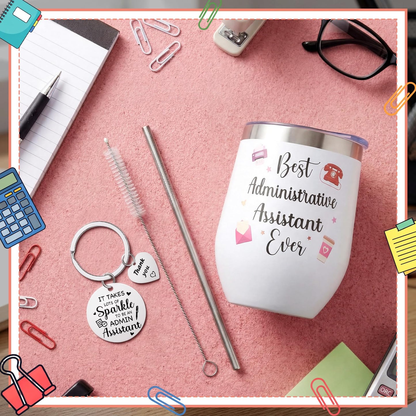 Patelai Admin Professionals Day Appreciation Gift for Women Inspirational Keychain and 12oz Stainless Steel Tumbler with Lid and Straw for Administrative Assistant Employee Appreciation Gifts