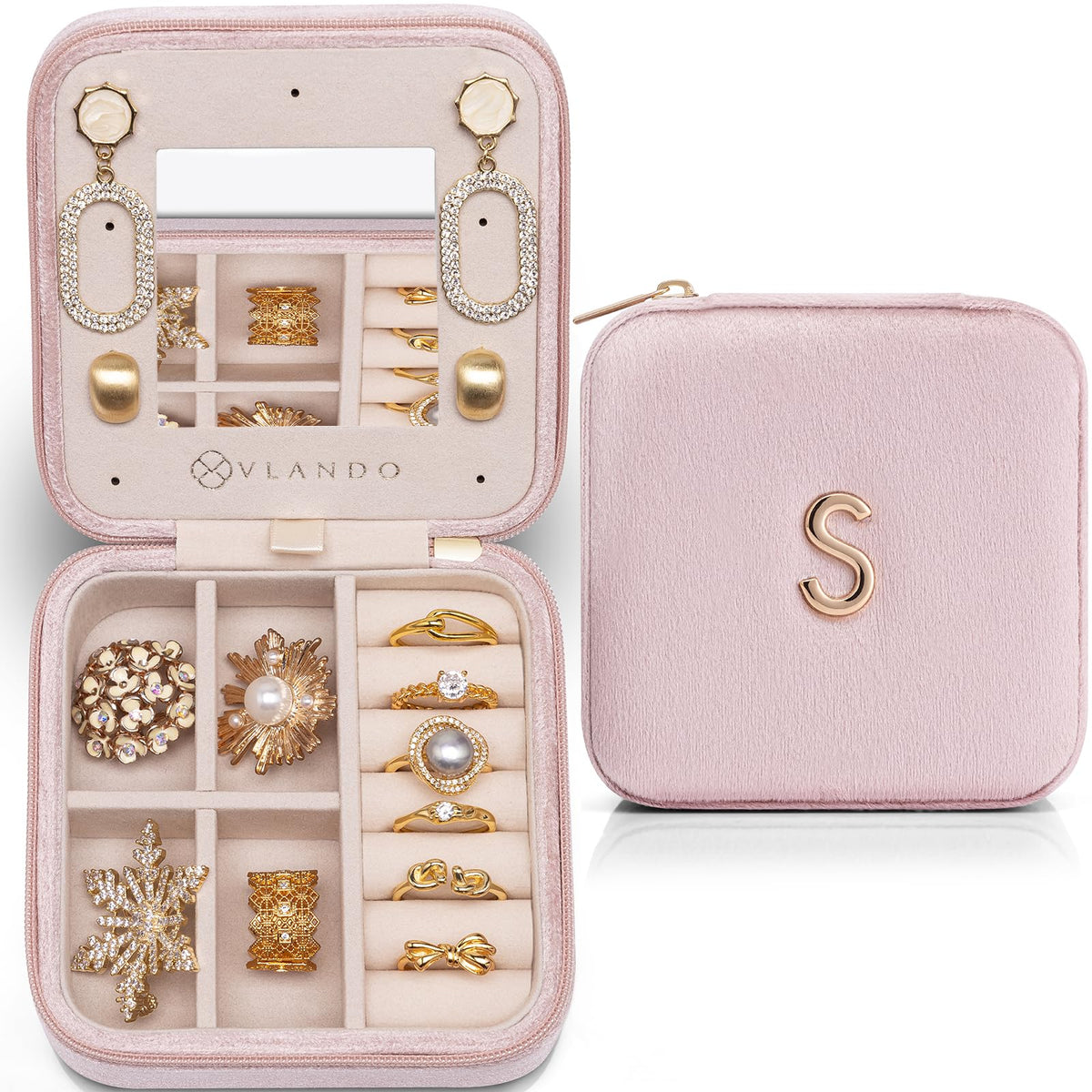 VLANDO Holidays Gifts, Travel Jewelry Organizer, Necklace Organizer Earrings Ring Organizer, Travel Wedding Gifts for Women Travel Essentials - Letter S, Pink