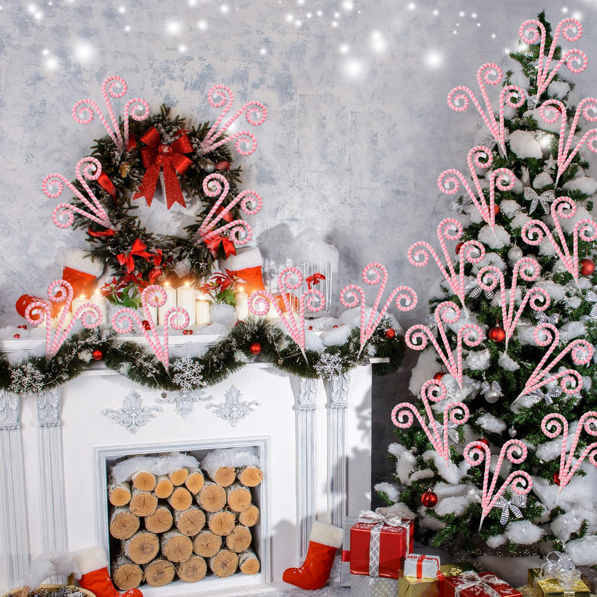 Wettarn 12 Pcs Christmas Tree Decorations Picks White Pink Woolen Candy Curly Picks for Christmas Tree Topper Ornaments with Fixed Wire Felt Striped Xmas Decoration DIY Craft for Party Decorations