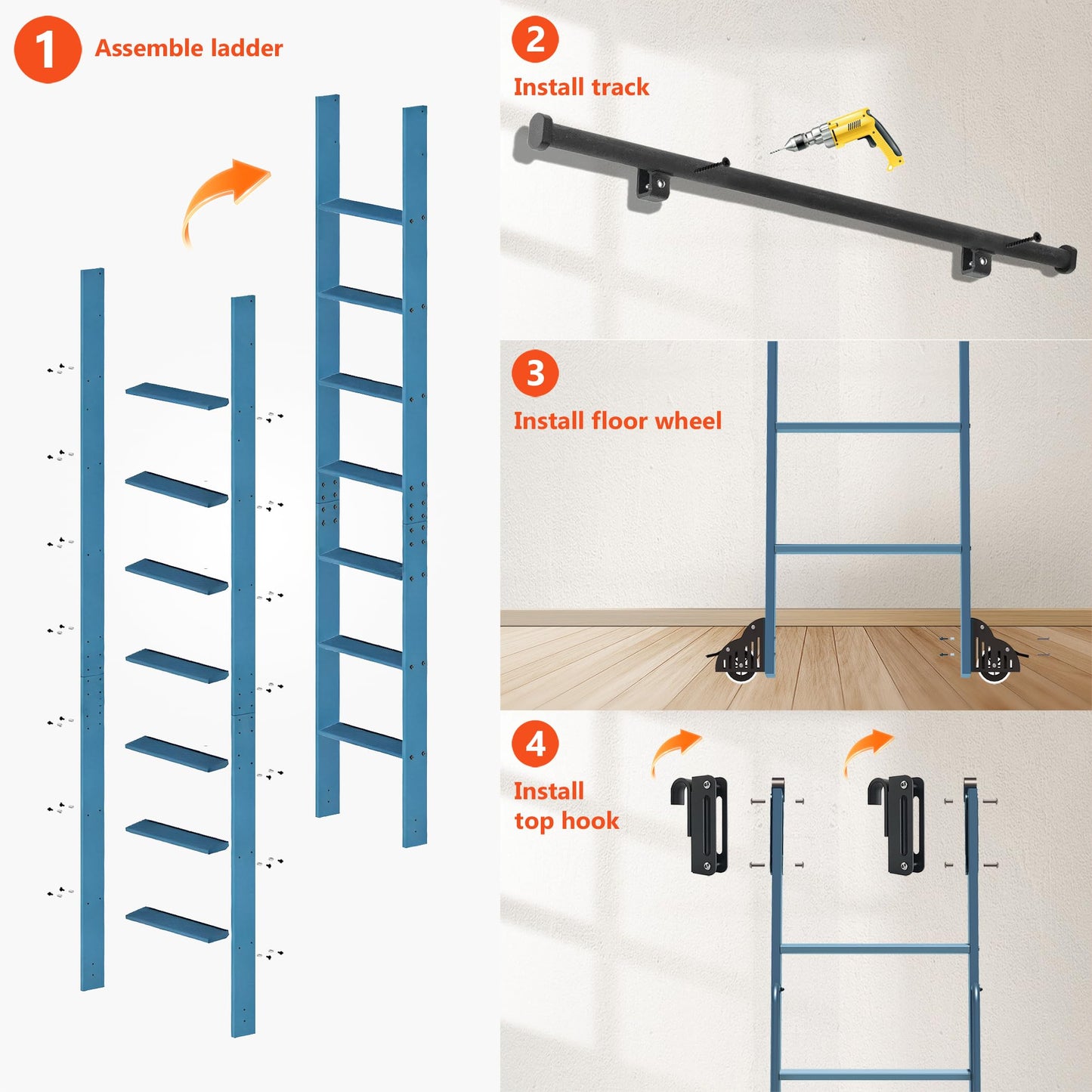 96" Sliding Library Ladder, Blue +8FT Rolling Track Kit