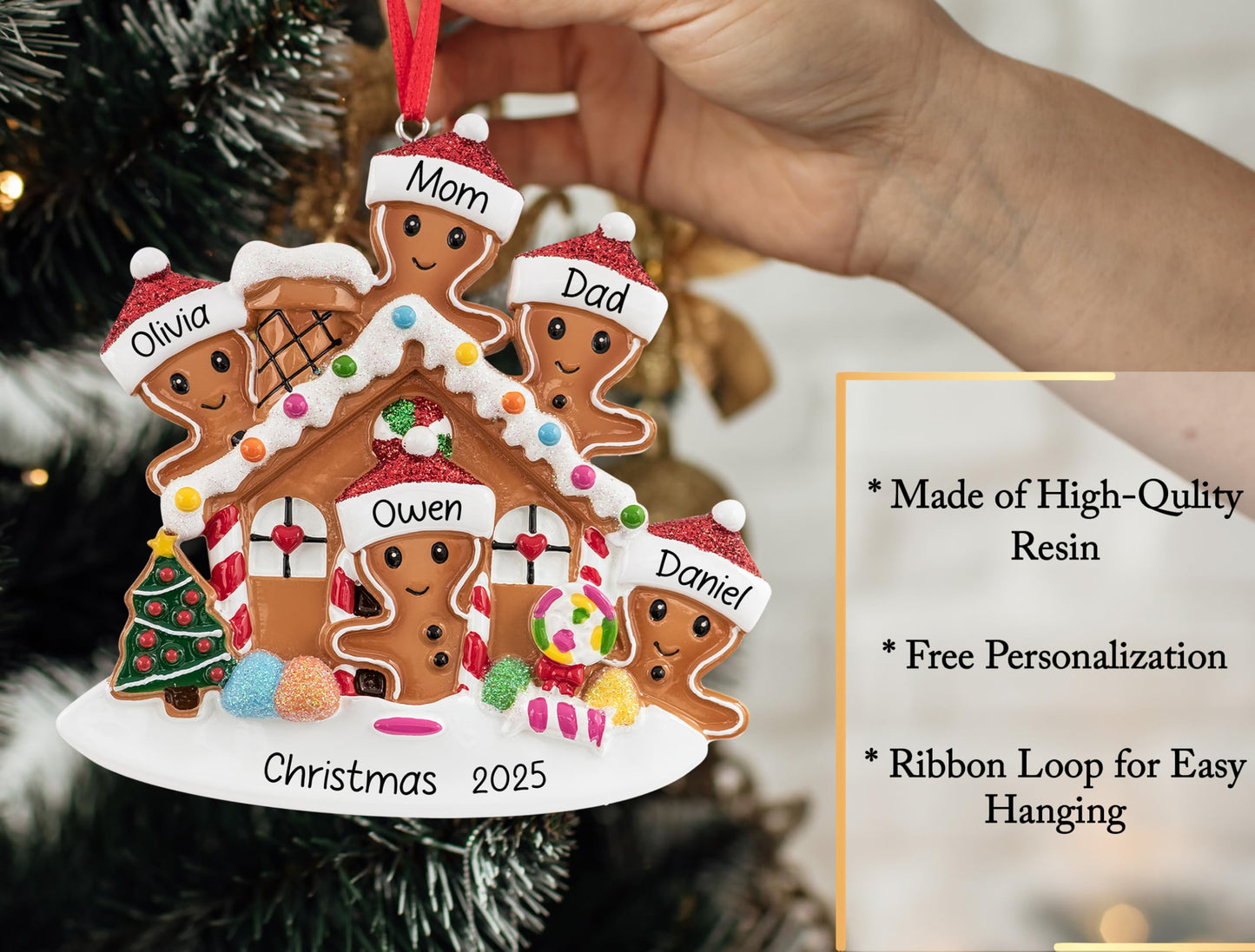 UniqXmas Personalized Gingerbread House Family of 5 Christmas Ornament 2025 | Customized Xmas Tree Decoration | First Christmas as Family of Five in New Sweet Home Keepsake - Custom Name & Year