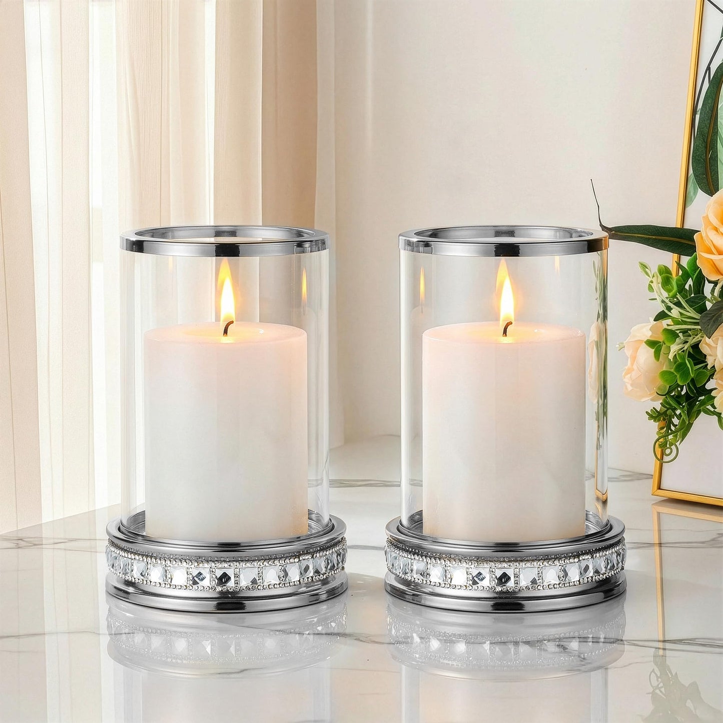 2pcs Hurricane Candle Holder, Pillar Candle Holders with Clear Glass Sleeve, Small Crystal Lantern for Fall Thanksgiving Christmas Holiday Dining Table Centerpiece (Silver)