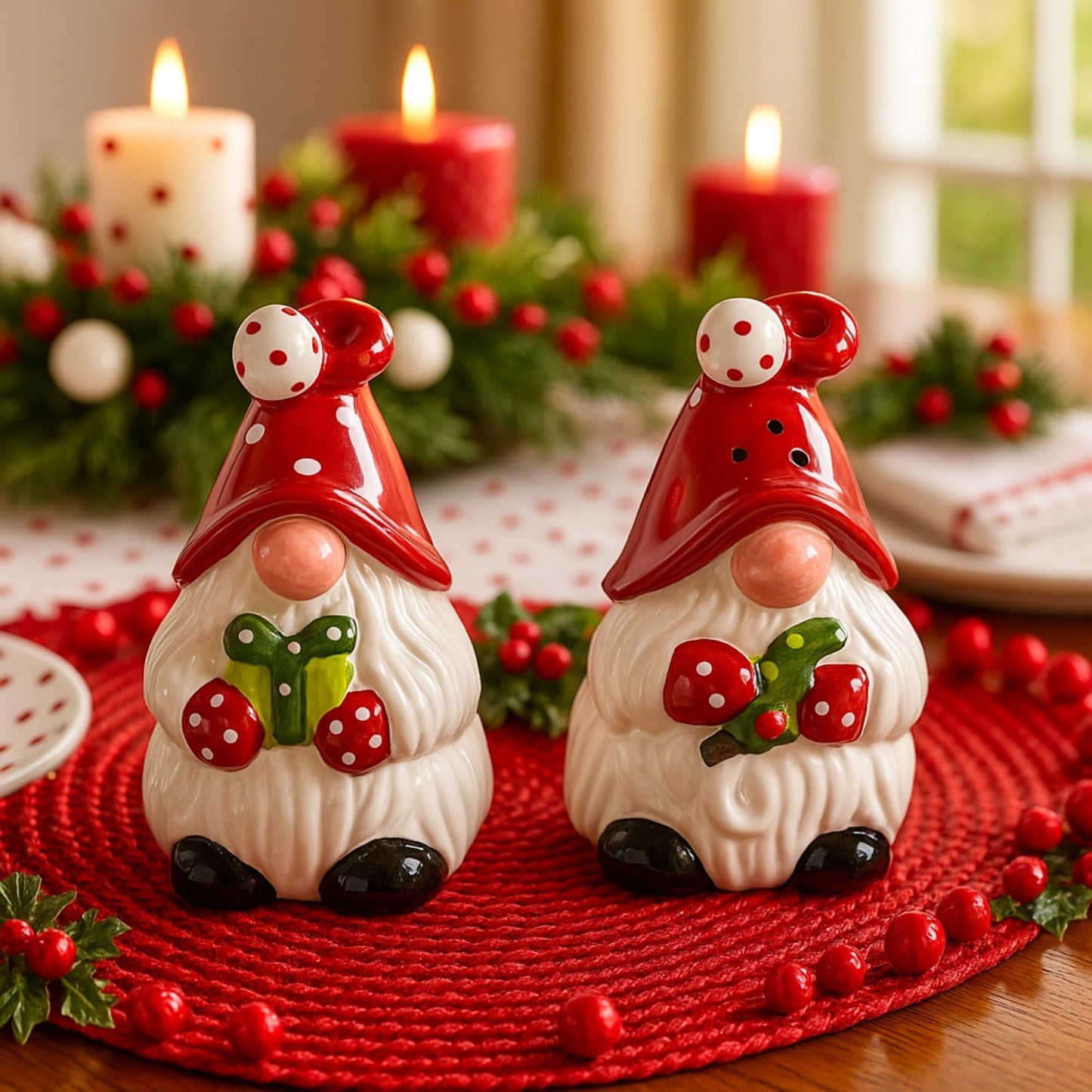 Blue Sky Clayworks Gnome Salt & Pepper Shaker Set, Ceramic, 2" Height, Polka-Dot Caps & Toadstool Cheer
