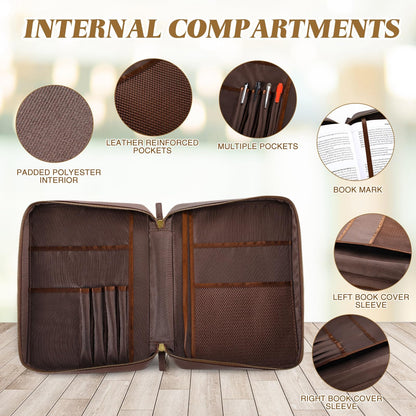 Clysee Top Grain Buffalo Leather Bible Cover Christmas Real Leather Bible Book Cover with Handle, Pocket, Zipper, Book Protective Holder Christian Religious Carrying Case Organizer Portfolio