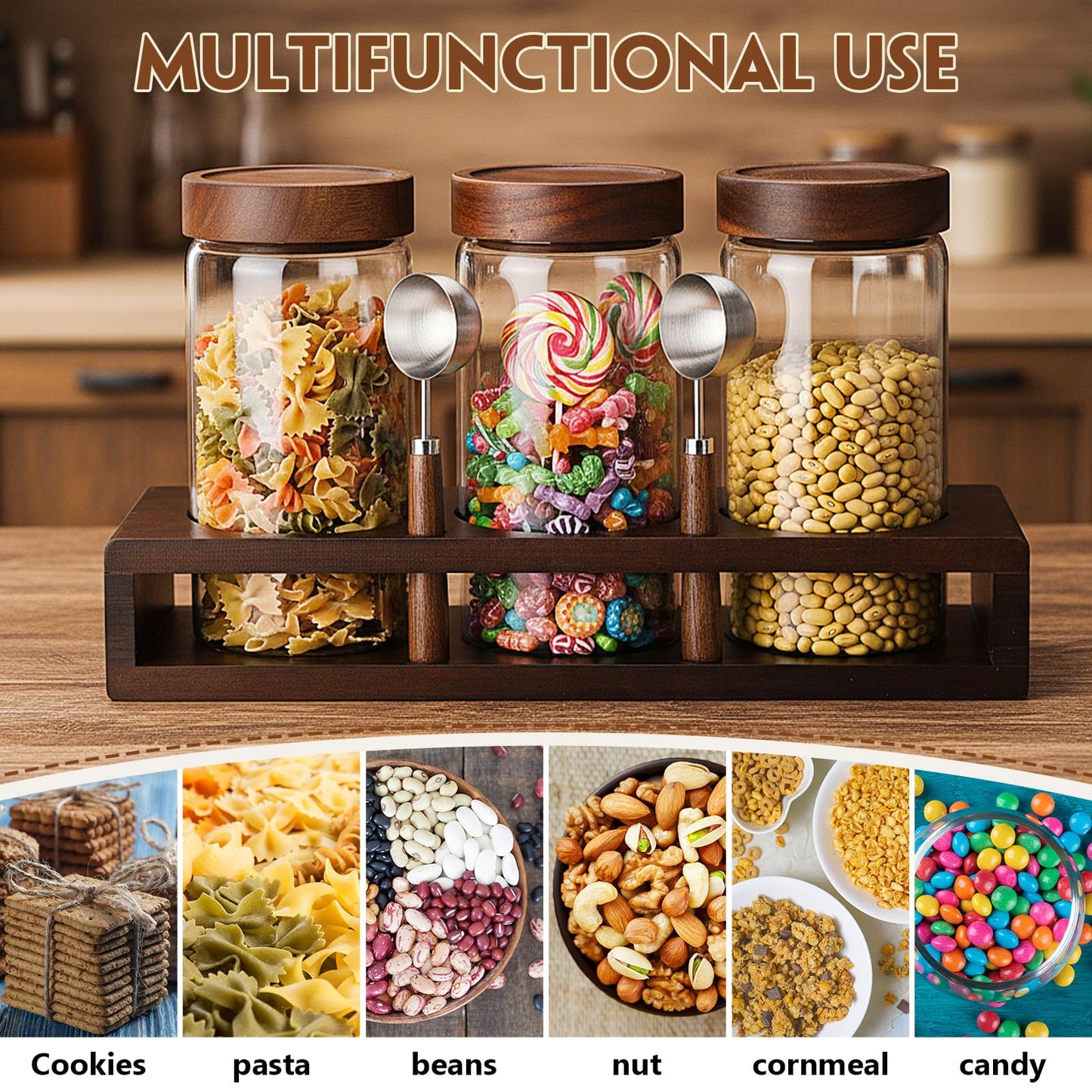 Suclain 3 Pcs Glass Coffee Bean Container 44 oz Airtight Coffee Canister with Shelf and Measuring Spoon Kitchen Food Canister Jar for Sugar Candy(Fashion Style)