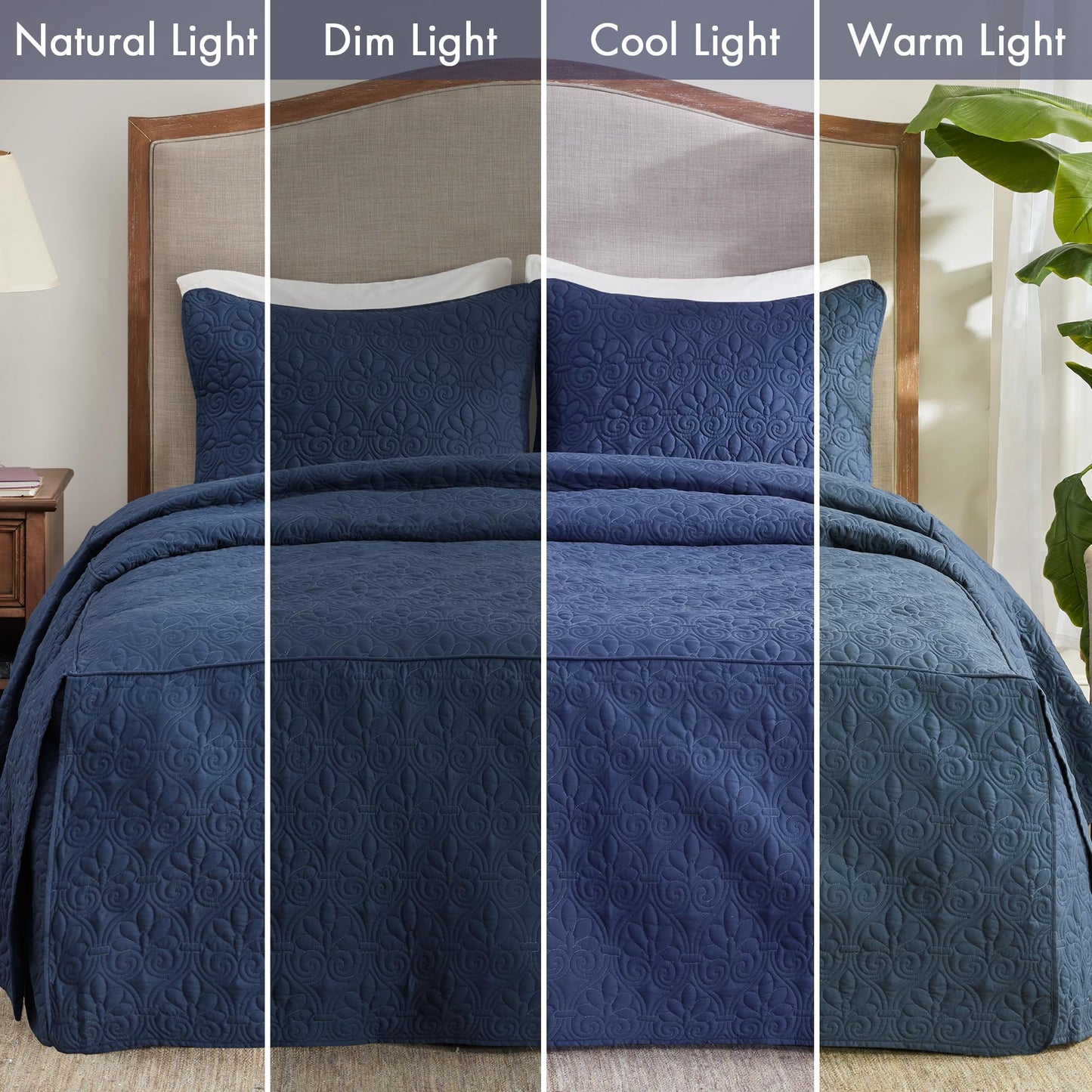 Madison Park Quebec Split Corner Quilted Bedspread Classic Traditional Design All Season, Lightweight, Bedding Set, Matching Shams, Queen, Damask Quilted Navy 3 Piece