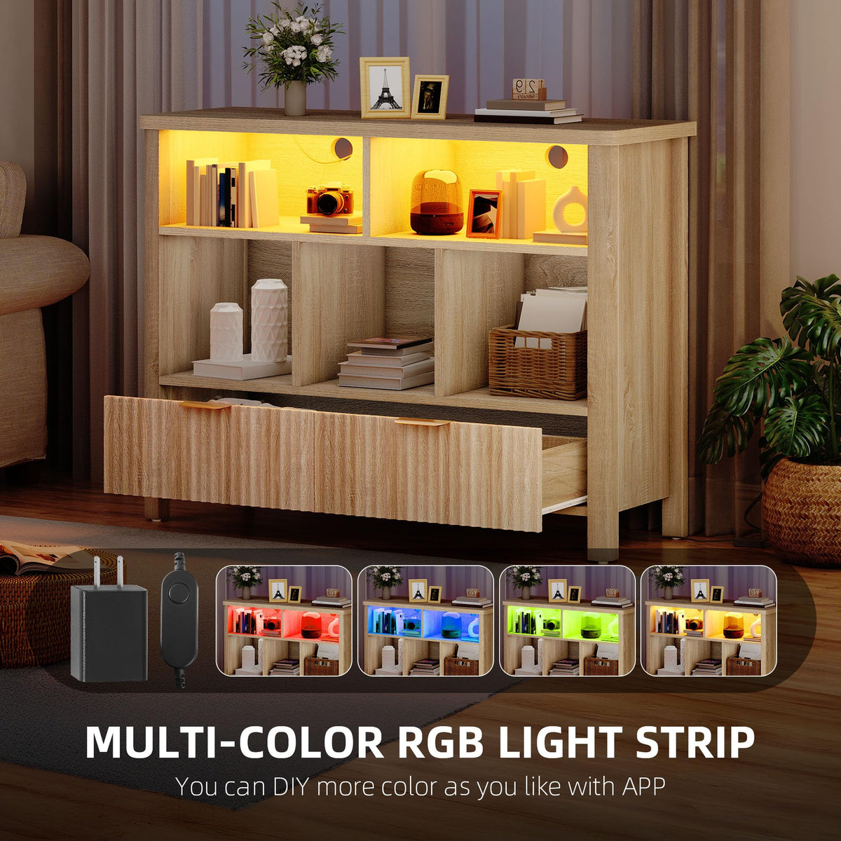 YITAHOME Bookcase with Drawers, Fluted Wood Cubby Storage Organizer Shelf Cube Bookshelf with Adjustable LED Lighting, Modern Horizontal Bookshelf for Living Room, Office, Entryway, Oak