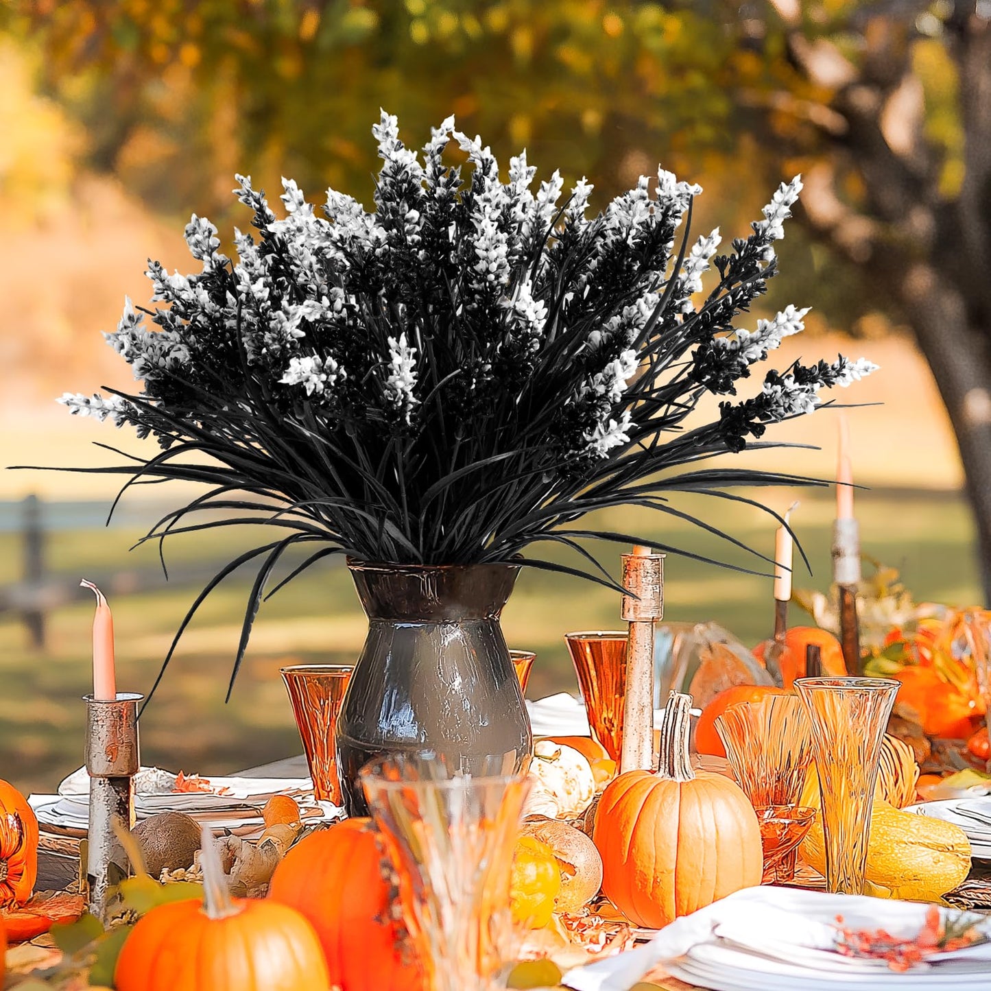N&T NIETING 6 Bundles Black Artificial Flowers, Fake Monkey Grass with Flowers, UV Resistant Fake Plants Halloween Black Flowers Decor for Party Front Porch Home Garden Patio