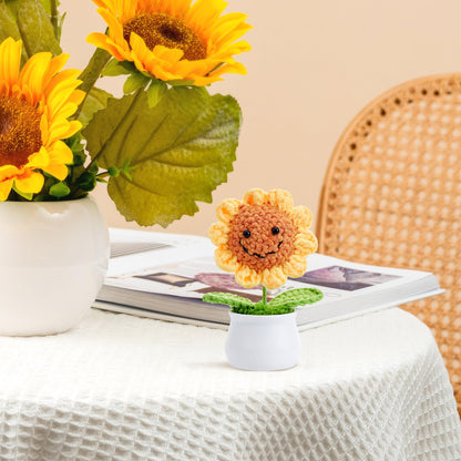 LAIDANLA Golden Yellow Crochet Sunflower Funny Positive Thank You Small Gifts for Women Teacher Coworkers Friends Cute Encouragement Appreciation Crochet Flowers Pot for Office Desk Decor