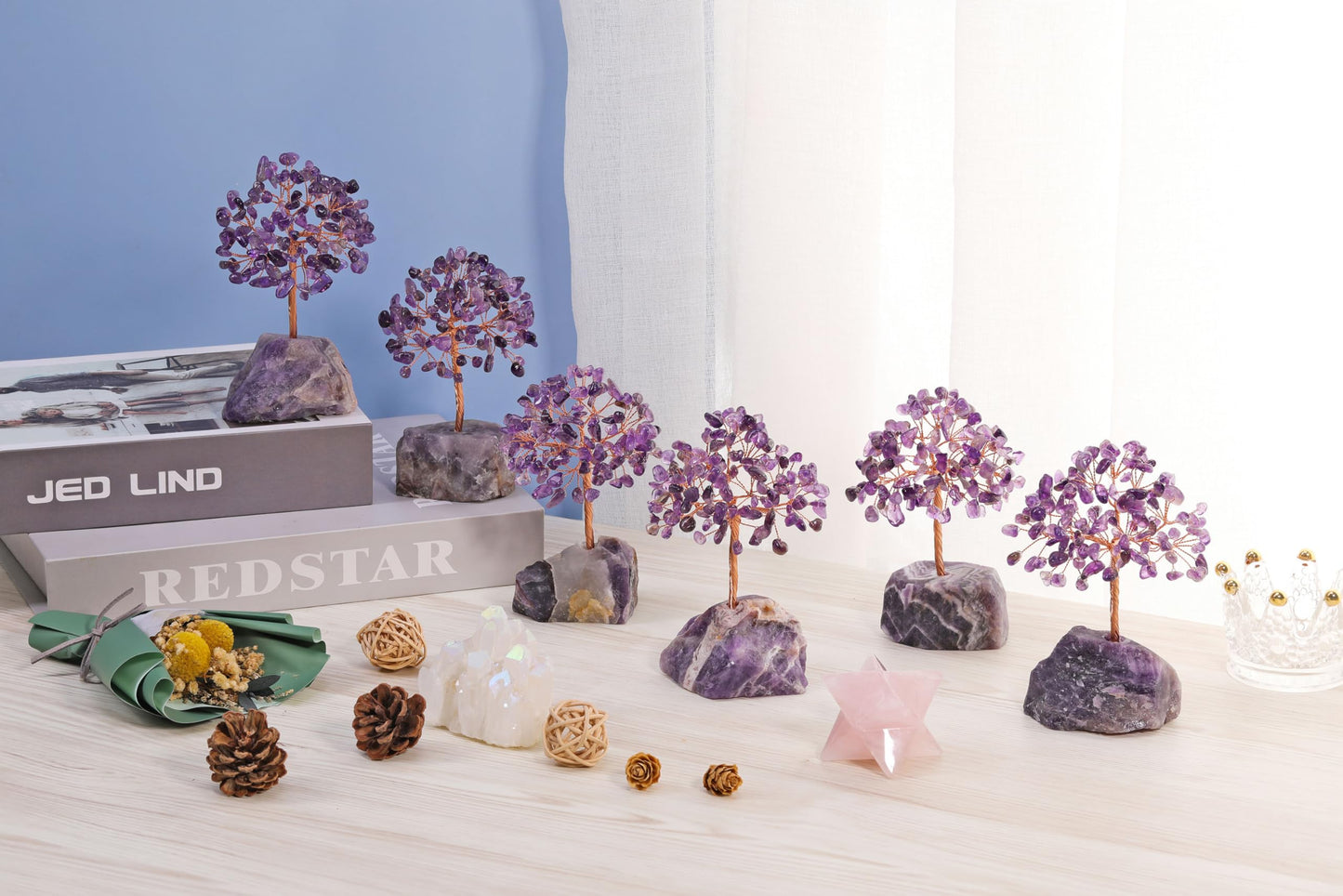 Jovivi Amethyst Crystals Tree, Raw Purple Healing Crystals Amethyst Base Bonsai Money Tree for Home Office Table Decor Wealth and Luck