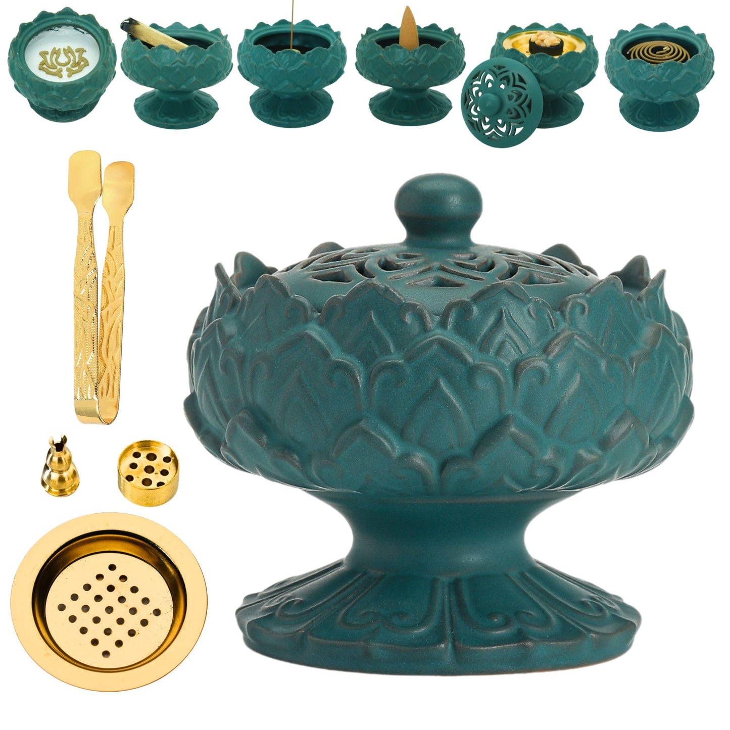 Ceramic Incense Burner for Frankincense, Bakhoor, Charcoal, Stick, Powder, Cone, Coil, and Tower Incense - Accessories for Meditation and Aromatherapy with Tweezers