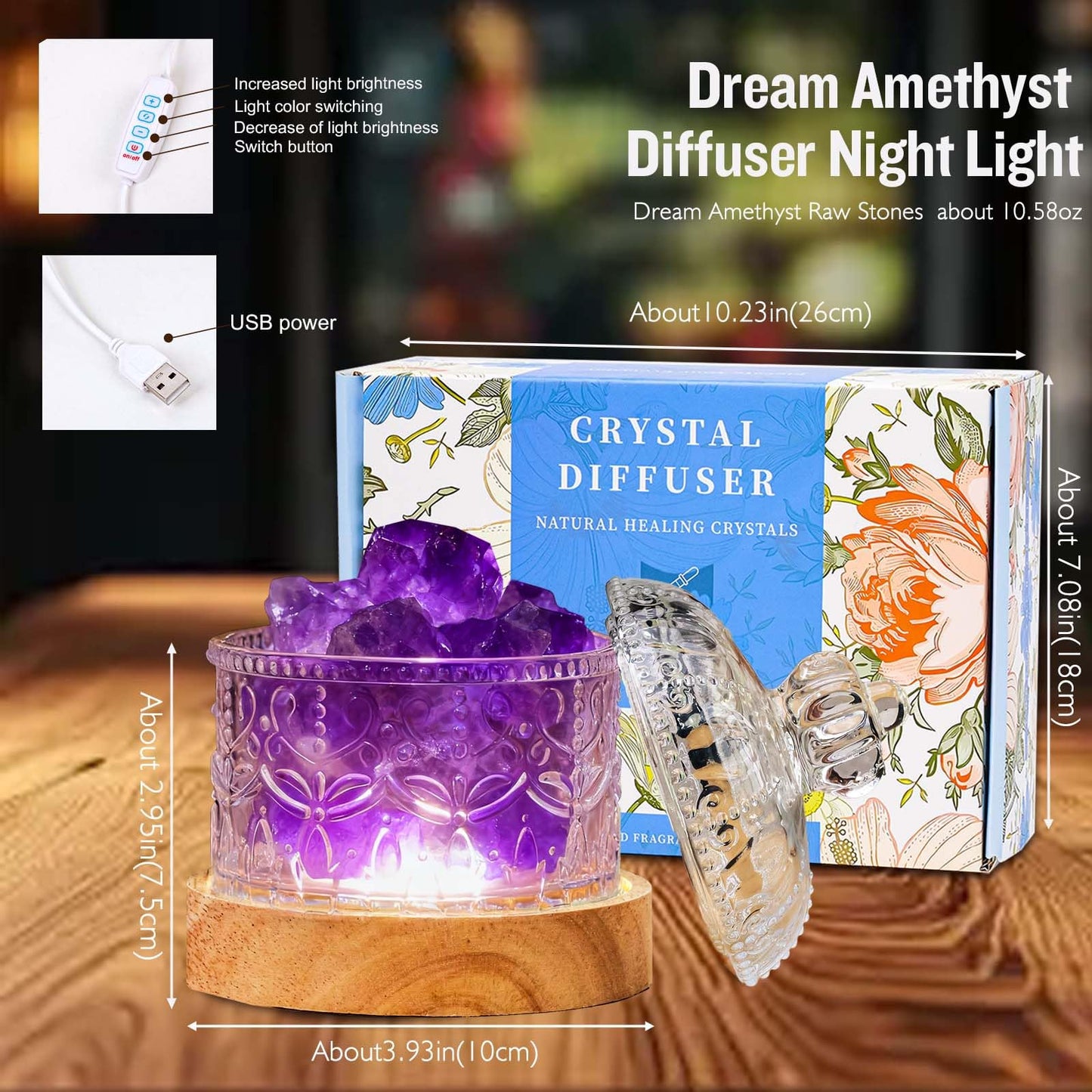 Runyangshi Amethyst Crystal Lamp Night Light - Natural Dream Amethyst Crystal Stone, 3 Lighting Modes with 10 Brightness Levels, Kid & Pet Friendly Design, USB Powered, Ideal for Home and Decor & Gift