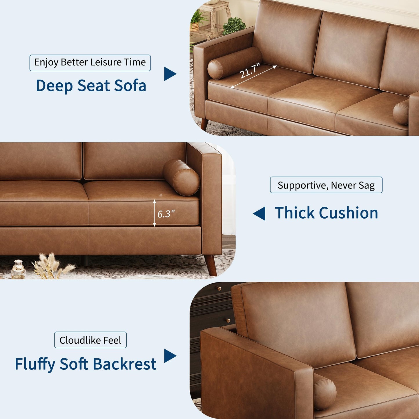 PeacefulHues 81" Leather Sofa, Mid-Century Modern Deep Seat Couch, PU Leather Couch, 3-Seat Sofa for Living Room, Office, Brown