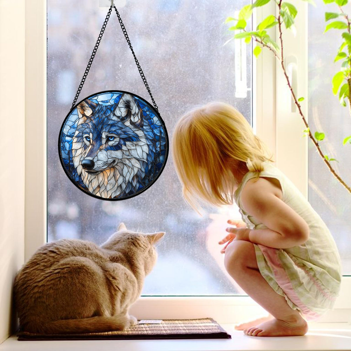DASTOLL Stained Glass Window Hanging - Funny Wolf Suncatcher Ready to Hang Window Doors Home Decoration and Christmas, Mother's Day Birthday Gifts for Women, Men, and Mom 7.8x7.8 in