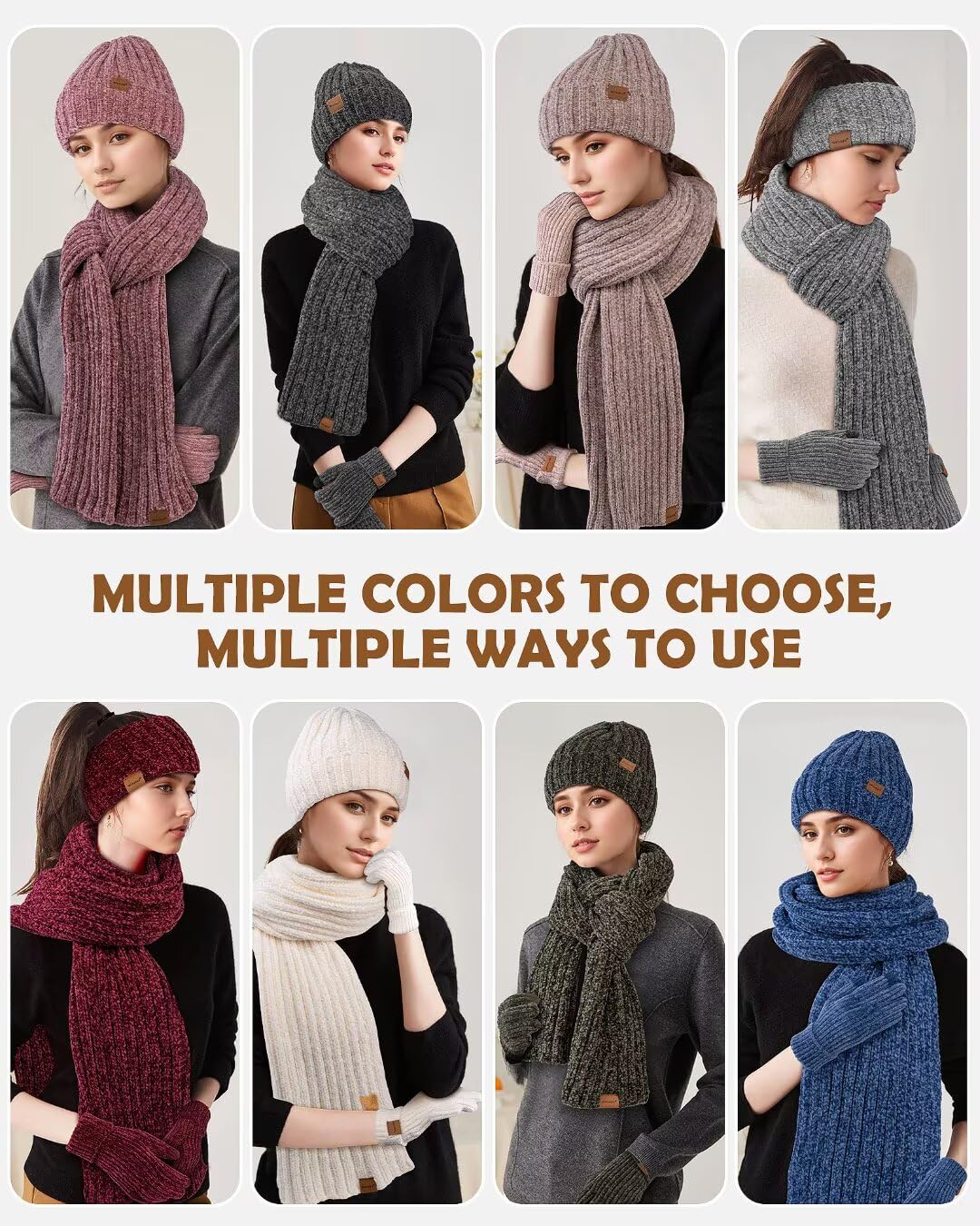 Women Beanie Scarf Gloves Headband Set for Winter, Chenille Beanie Hats Ear Warmer with Fleece Lined Knit Scarf Touchscreen Gloves, 4 in 1 Warm Xmas Gift Set Stocking Stuffers for Women-Beige