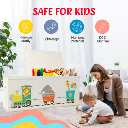 Rossoff Extra Large Collapsible Sturdy Toy Storage Organizer with Lids, Animal Train Toy Box for Boys Girls, 40"x16"x16", Modern, Beige