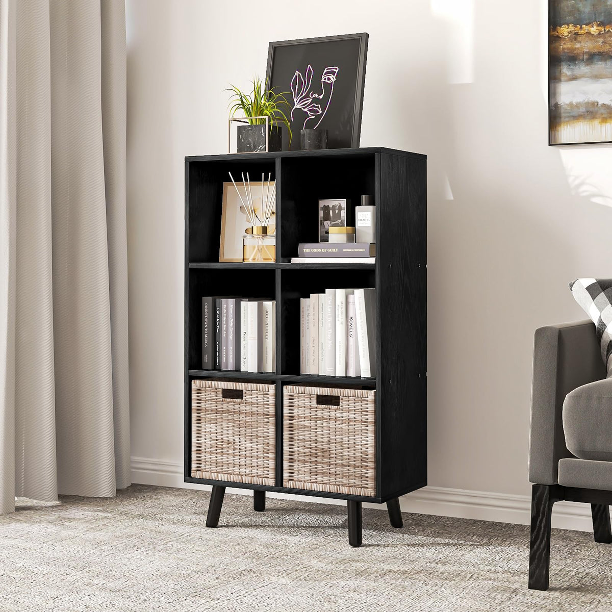 ELYUP 6-Cube Open Shelf Bookcase - 3-Tier Wooden Floor-Standing Bookshelf with Legs and Backpanel, Ideal for 11-inch Fabric Storage Bins and Miscellaneous Organizer, Black