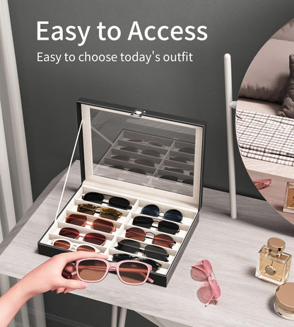 NEWLOOP Sunglass Organizer for Women Men - Multiple Pair of Sunglasses Storage Box Eye Glass Watch Leather Display Case with 10 Slots Black