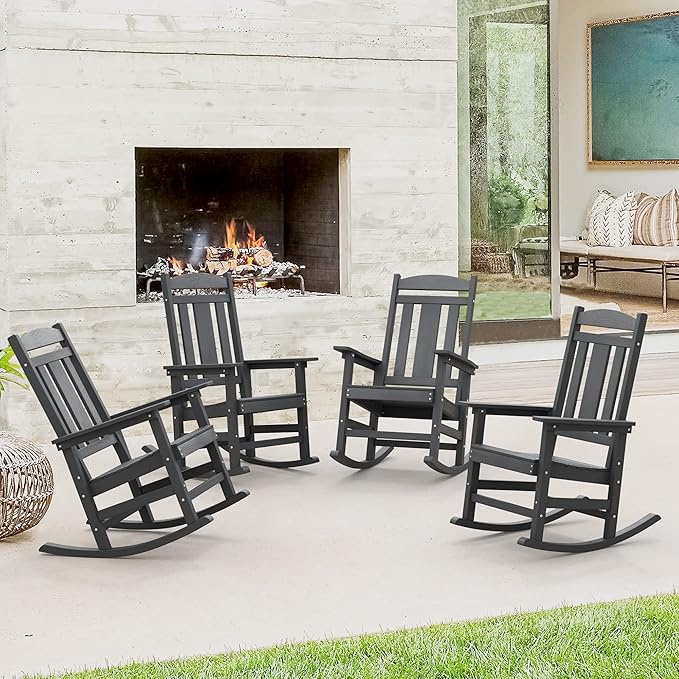 LUE BONA Outdoor Rocking Chairs Set of 4, Weather Resistant HDPS Poly Rocker Chairs, 350lb Heavy Duty, Oversized Porch Rocker for Adult, High Back Smooth Rocking Chairs for Outdoor & Indoor, Gray