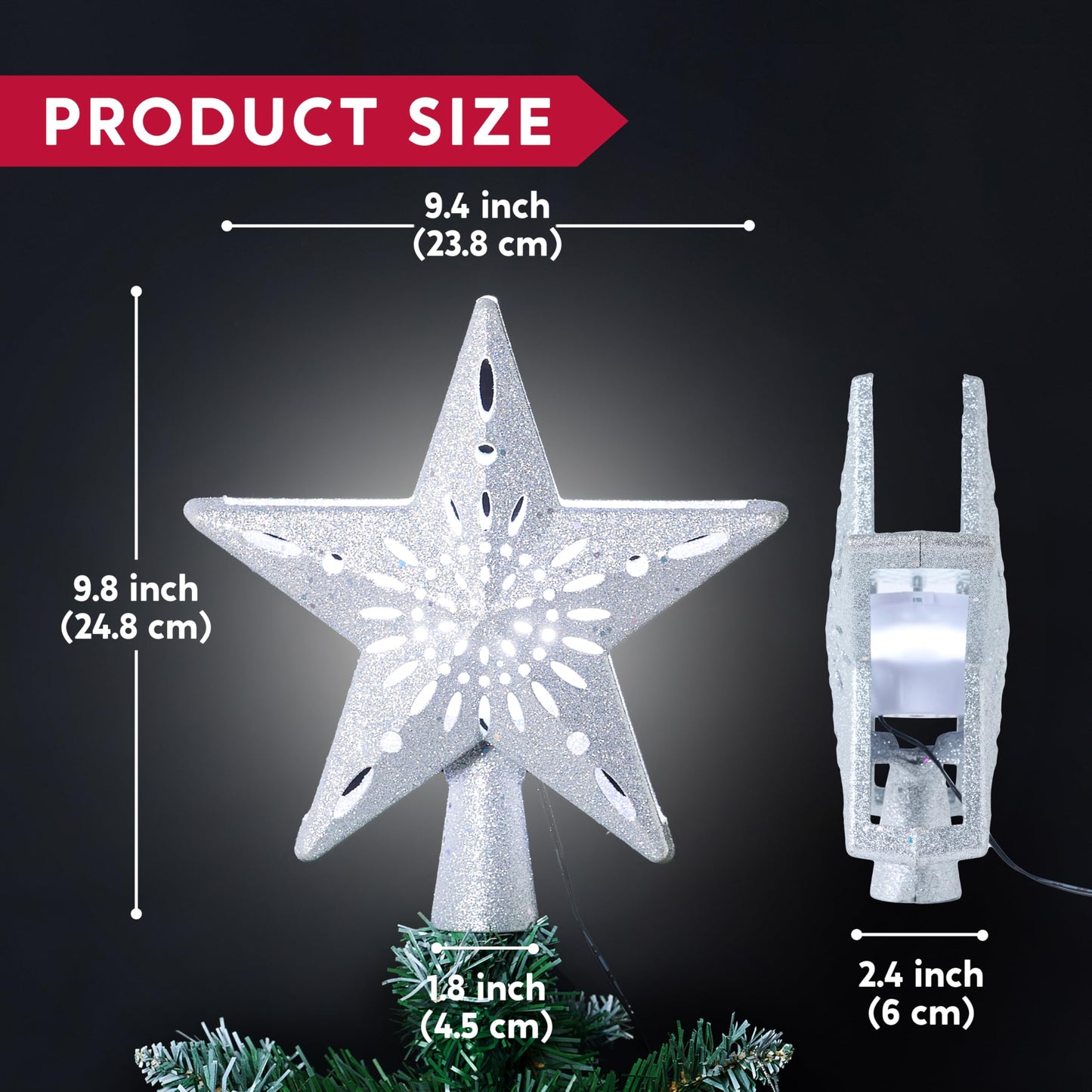 Joiedomi Christmas Silver Star Tree Topper Lighted with Projector, Built-in LED Rotating Lights, 3D Glitter Xmas Decorations for Party Holiday Indoor Decor