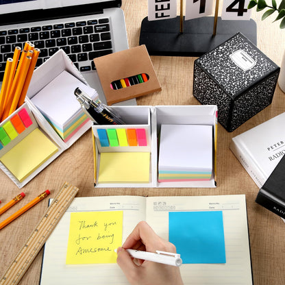 Eaasty 3 Set Teacher Appreciation Gifts Sticky Notes Organizer with Pen Holder 3-in-1 Memo Pad Set Portable Desk Organizer with Pencil Notebook Composition Book Pattern for End of Year Office