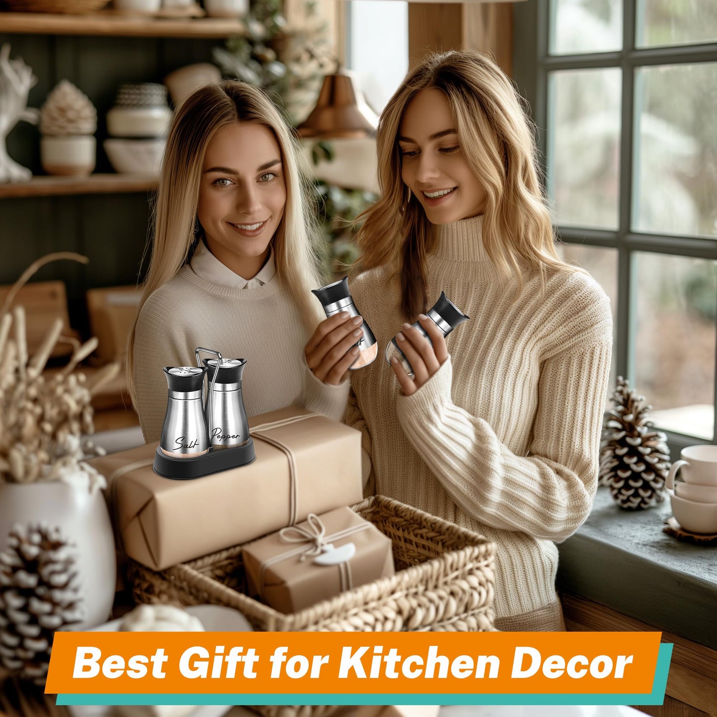 Salt and Pepper Shakers Set with Holder,4 oz Stainless Steel Salt Shaker with Glass Bottom Kitchen Gadgets for Counter Modern Decor Table,RV,Camp,BBQ Refillable Design (Silver)