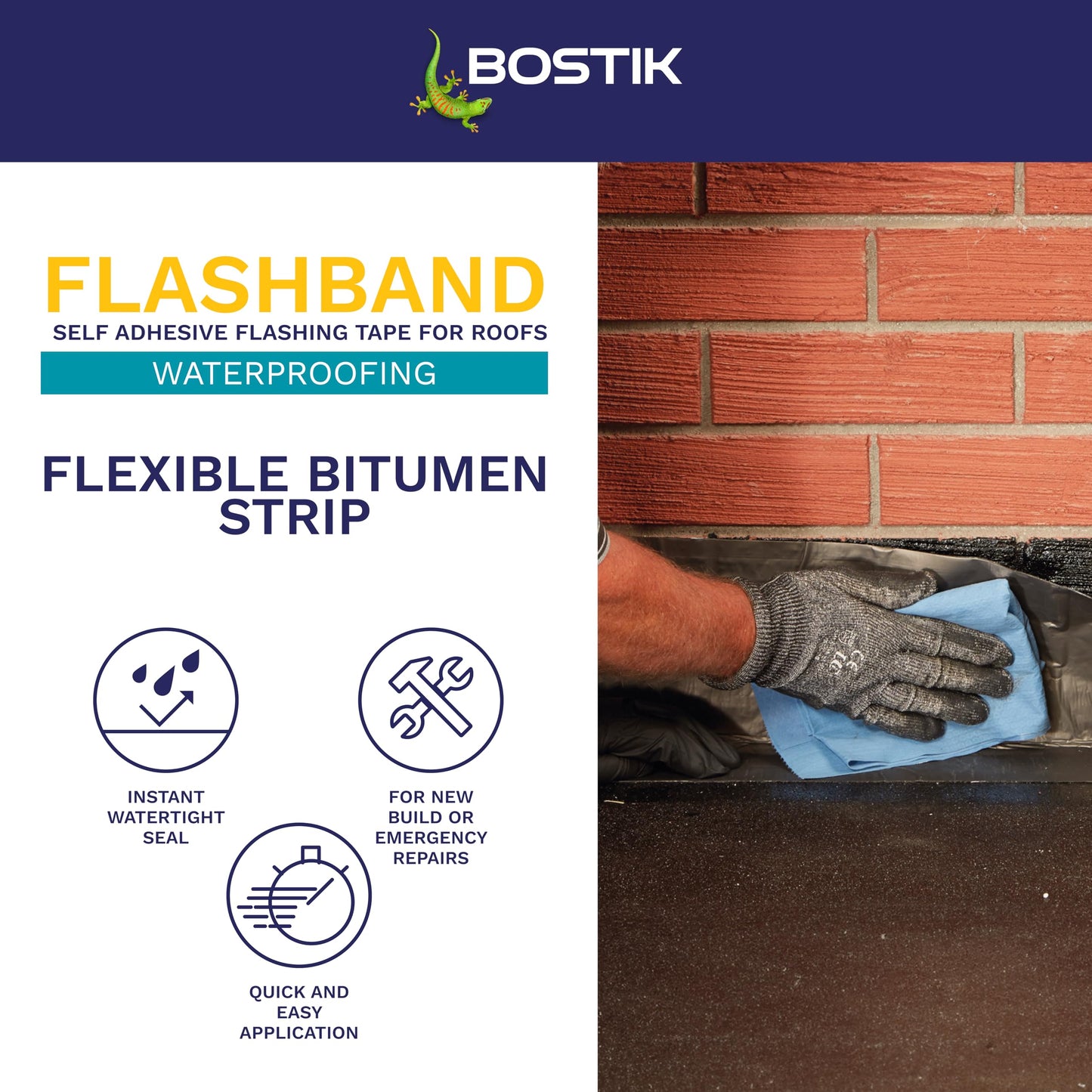 Bostik Flashband Self Adhesive Flashing Tape for Roofs Grey - 75mm x 10m - Provides an Instant Watertight Seal - Quick and Easy Application - Excellent Adhesion