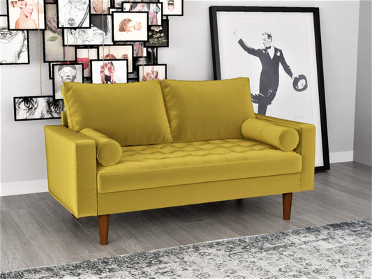 Container Furniture Direct Womble 58 Inch Velvet Loveseat Sofa with Elegant Button Tufted Upholstery, Square Arms, Splayed Wood Legs, Includes Matching Bolster Pillows, Textured Gold