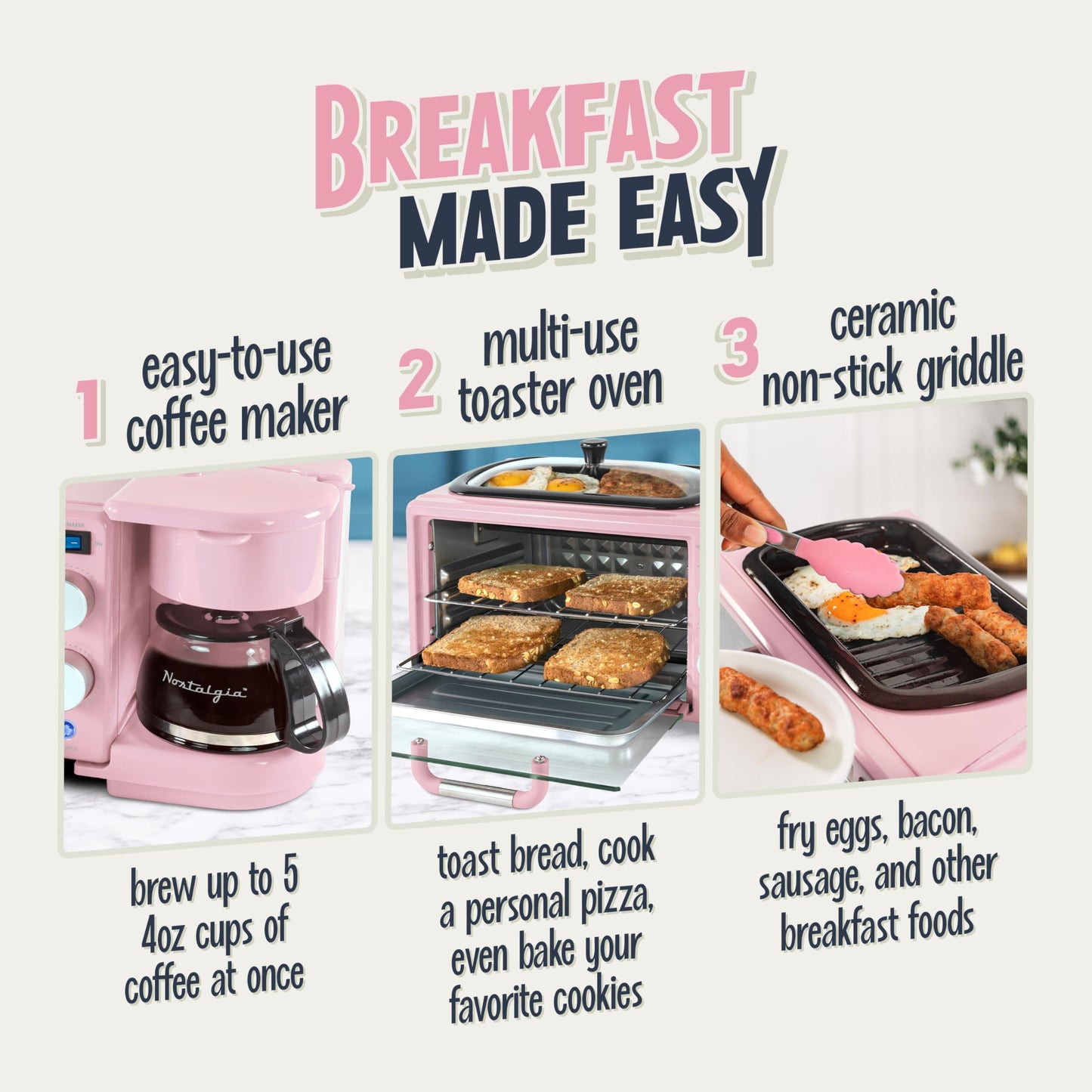 Nostalgia 3-in-1 Breakfast Station - Includes Coffee Maker, Non-Stick Griddle, and 4-Slice Toaster Oven - Versatile Breakfast Maker with Timer - Aqua