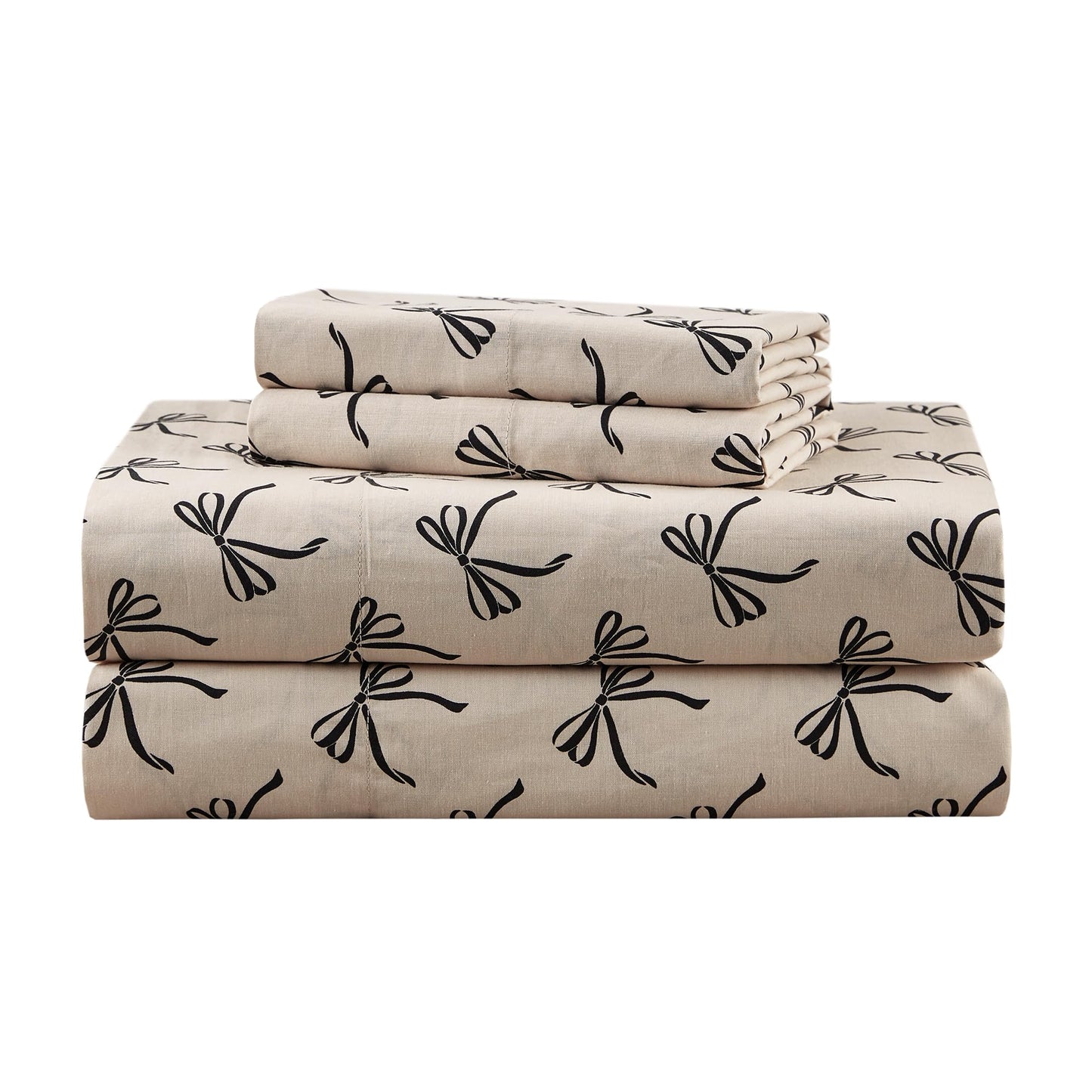 Comfort Spaces 100% Cotton Sheets King, Breathable, Naturally Cool Cotton Sheets, Soft Cotton Bed Sheets with 14" Elastic Pocket Fits up to 16" Mattress, All Seasons Sheet Set, Bow Black/Taupe 4 Piece
