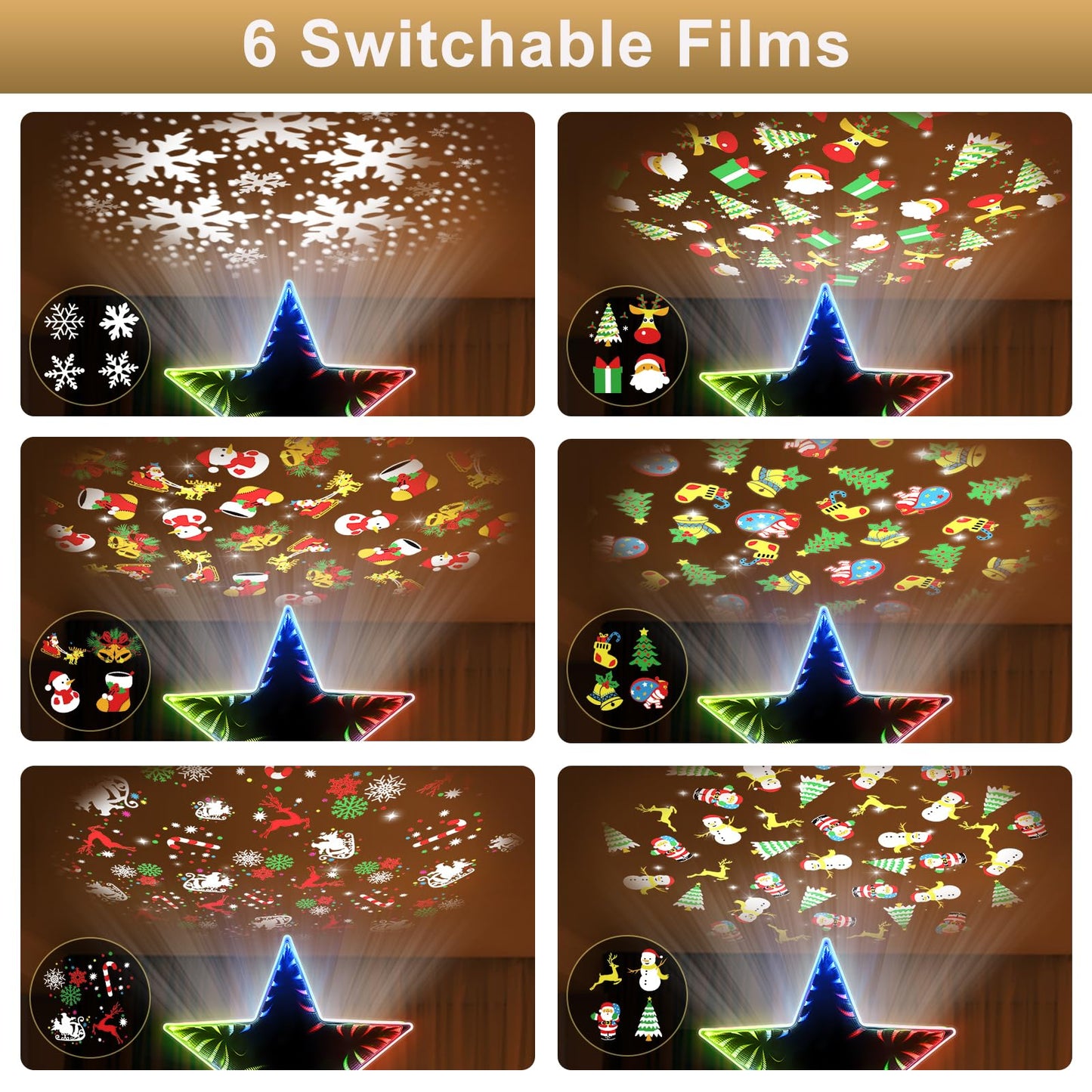 Patiobay Christmas Tree Topper Star, Double Sided Tunnel Mirror 10 Inch 12 Lighting Modes, Built-in 6 Projected Patterns, 3D Glitter LED Rotating Lights for Party Holiday Xmas Decorations Gifts