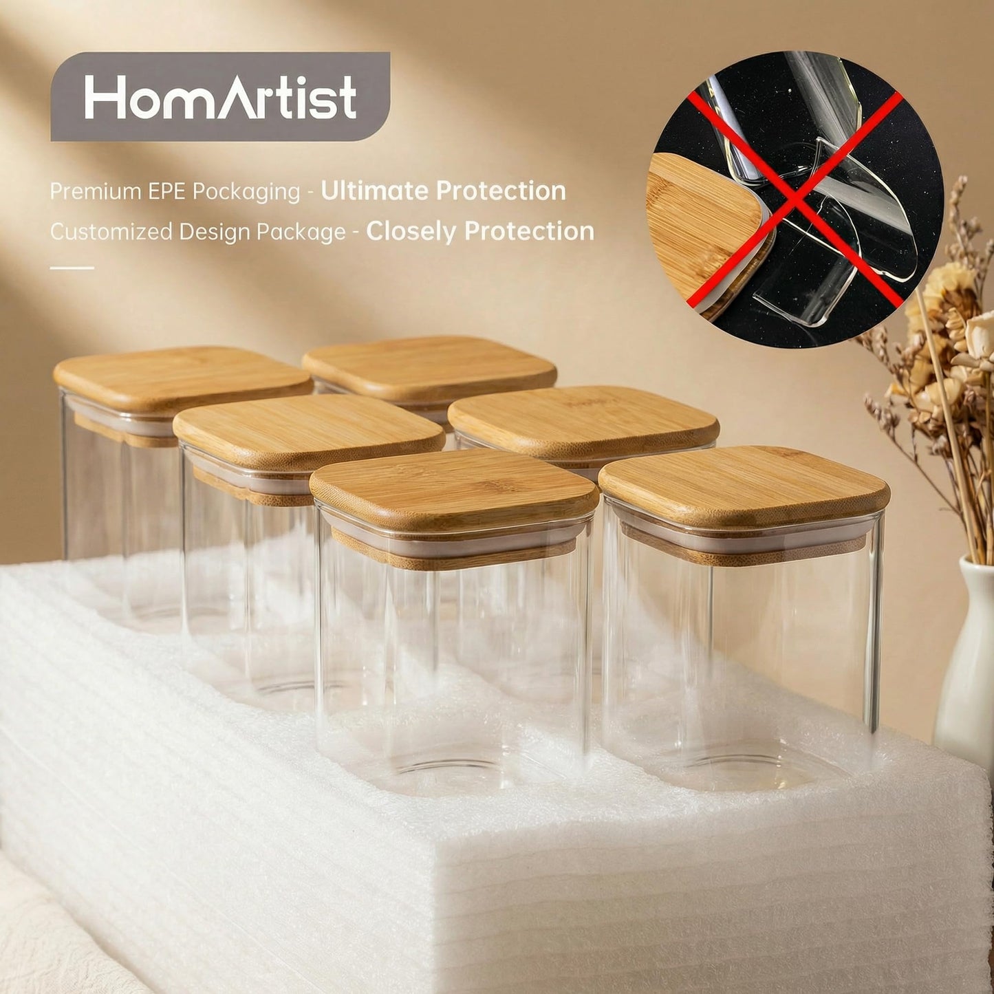 HomArtist Square Glass Jars with Bamboo Lids 53 FL OZ [Set of 4], Glass Canisters with Airtight Lid, Glass Food Storage Containers for Pasta, Cereal, Coffee, Flour, Sugar, Best for Kitchen & Pantry