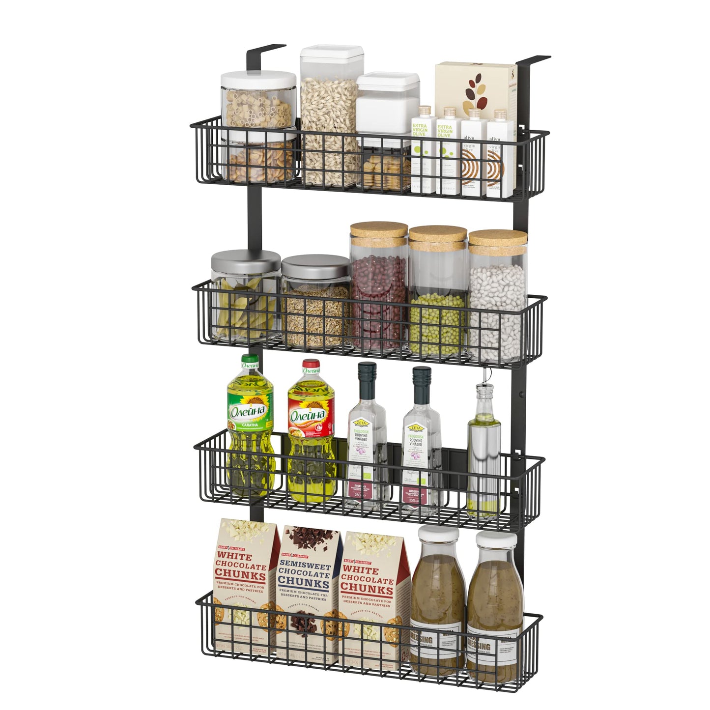 4 Tier Magnetic Spice Rack | Strongly Magnetic Spice Shelf with Utility Hooks | Refrigerator Spice Storage | Kitchen Storage Rack for Placing Seasoning Bottles, Plastic Wraps or Garbage Bags (Black)