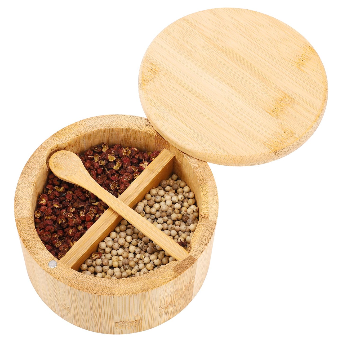 RAETTER.LY Natural bamboo Salt and Pepper Bowl, Bamboo Salt Cellar and Spices Storage Box With Built-in Spoon and Magnetic Swivel Lid (Two Compartments)