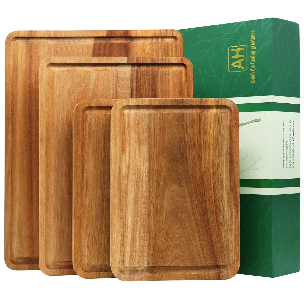 AZRHOM Large Wood Cutting Boards Set of 4 for Kitchen Cheese Charcuterie Board (Gift Box Included) Acacia Butcher Block with Non-slip Mats, Juice Groove and Handles (16x12, 14x10, double 11x8 inch)-4